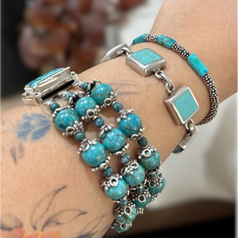 Vintage 92.6g Sterling Silver Turquoise Multi-Strand Bracelet 925 Stamped